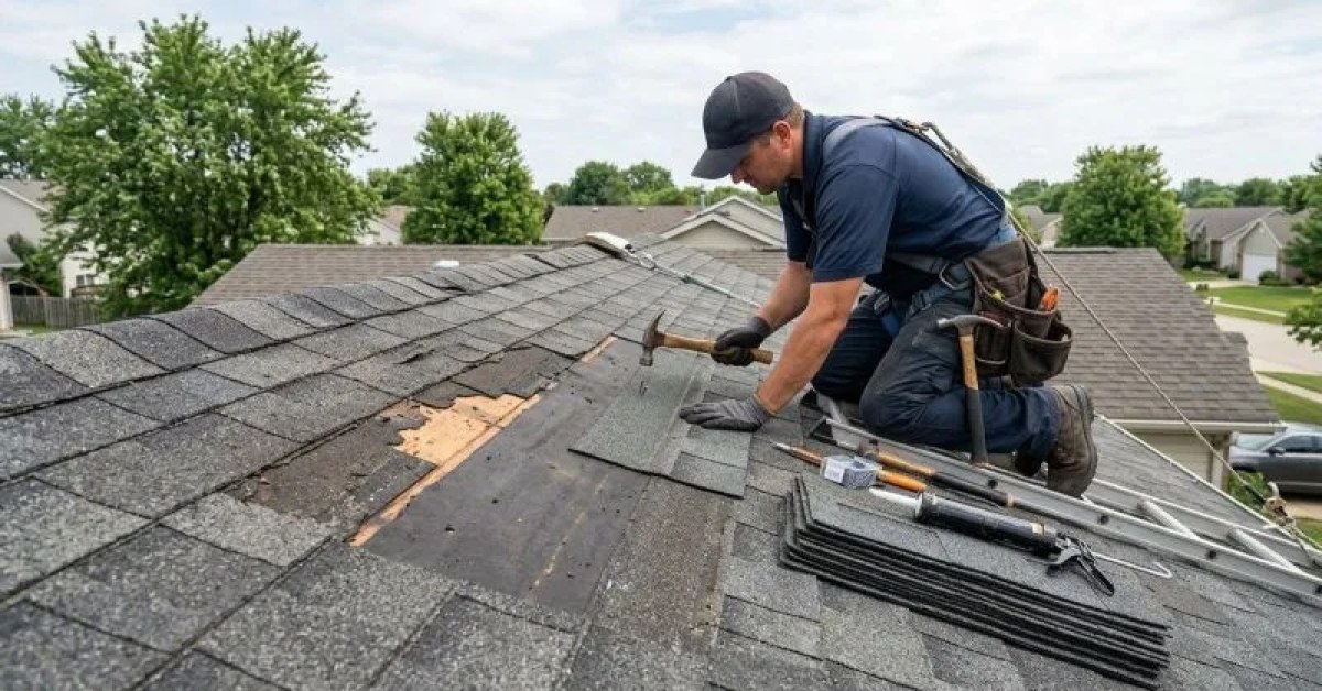 Residential roof with asphalt shingles needing repair