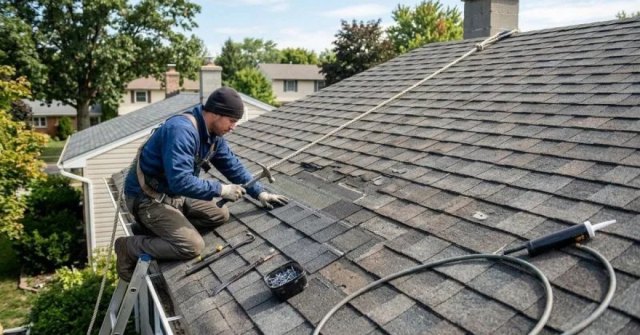 Close view of damaged asphalt shingles on a residential roof