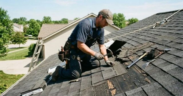 Close view of damaged asphalt shingles on a residential roof