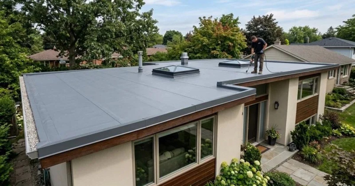 Flat residential roof with a section needing repair