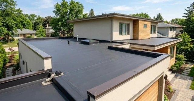 Flat roof membrane with visible seam and drainage details