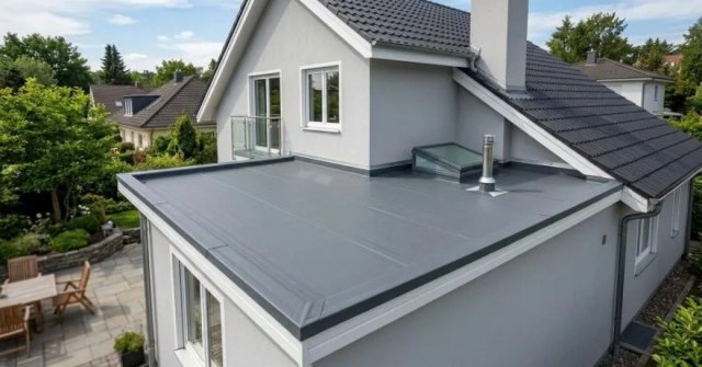 Flat roof membrane with visible seam and drainage details