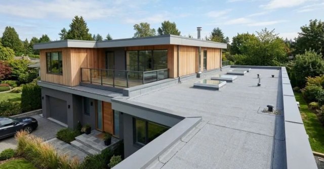 Flat roof surface with visible drainage and seam details