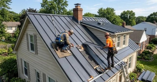 Homeowner photographing a damaged metal roof panel for an estimate