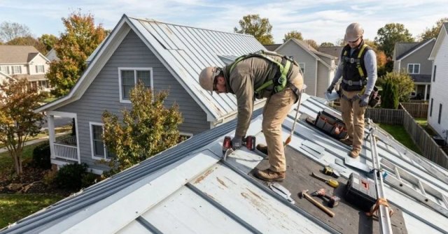 Homeowner photographing a damaged metal roof panel for an estimate