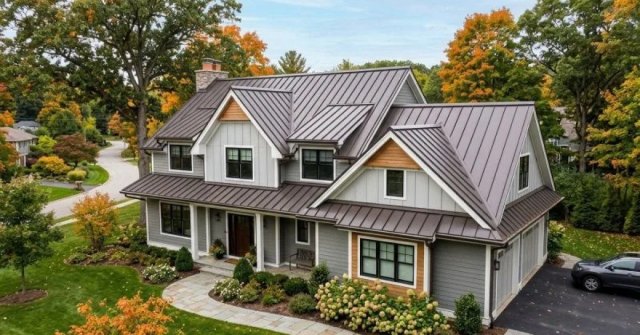Close view of metal roofing panels and fasteners