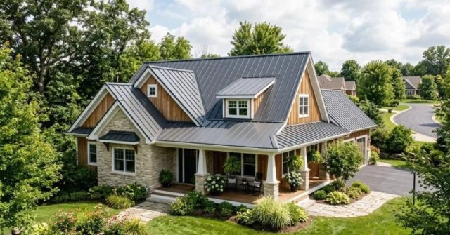 Close view of metal roofing panels and fasteners