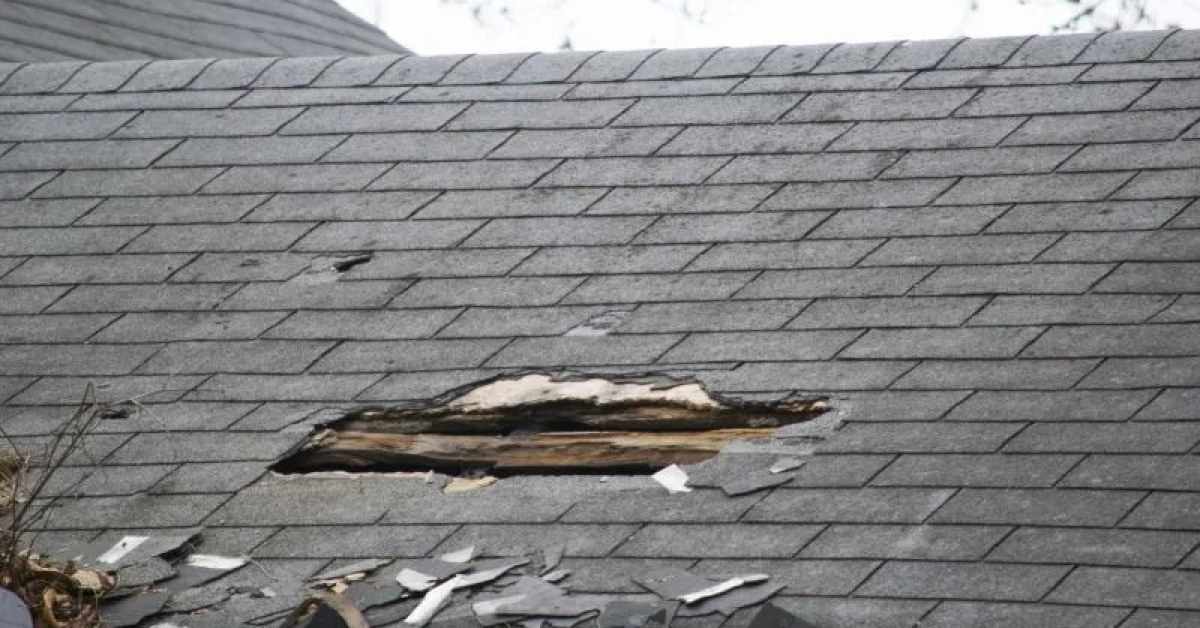 Residential roof with an area needing damage repair