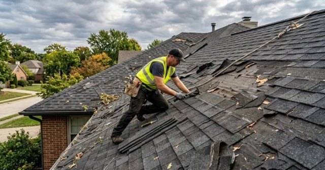 Homeowner photographing roof damage and an interior ceiling stain
