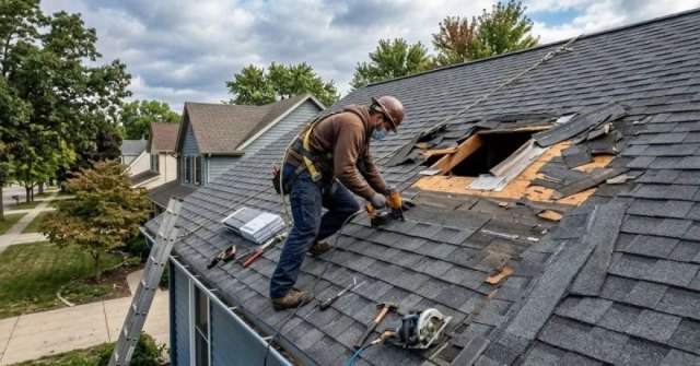 Homeowner photographing roof damage and an interior ceiling stain