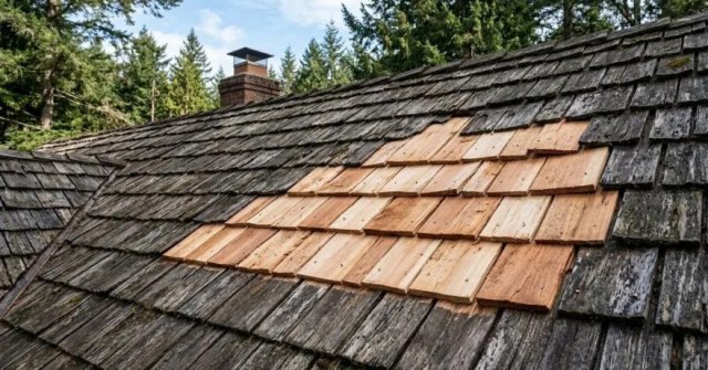 Homeowner documenting damaged shake roofing for a repair estimate