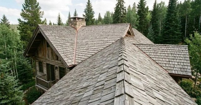 Homeowner documenting damaged shake roofing for a repair estimate