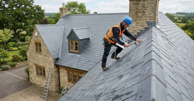 Homeowner documenting damaged slate roofing for a repair estimate