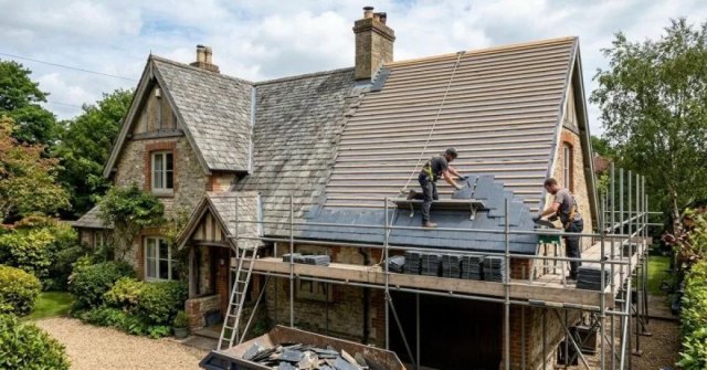 Slate roof with overlapping tiles and roof edge details