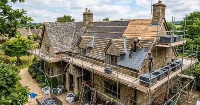 Slate roof with overlapping tiles and roof edge details