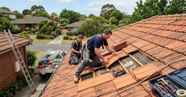 Homeowner photographing cracked and displaced roof tiles for an estimate