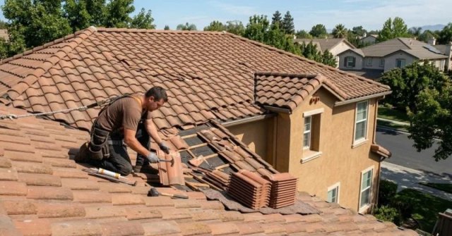 Homeowner photographing cracked and displaced roof tiles for an estimate