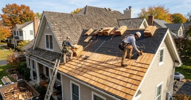 Homeowner photographing worn wood shakes